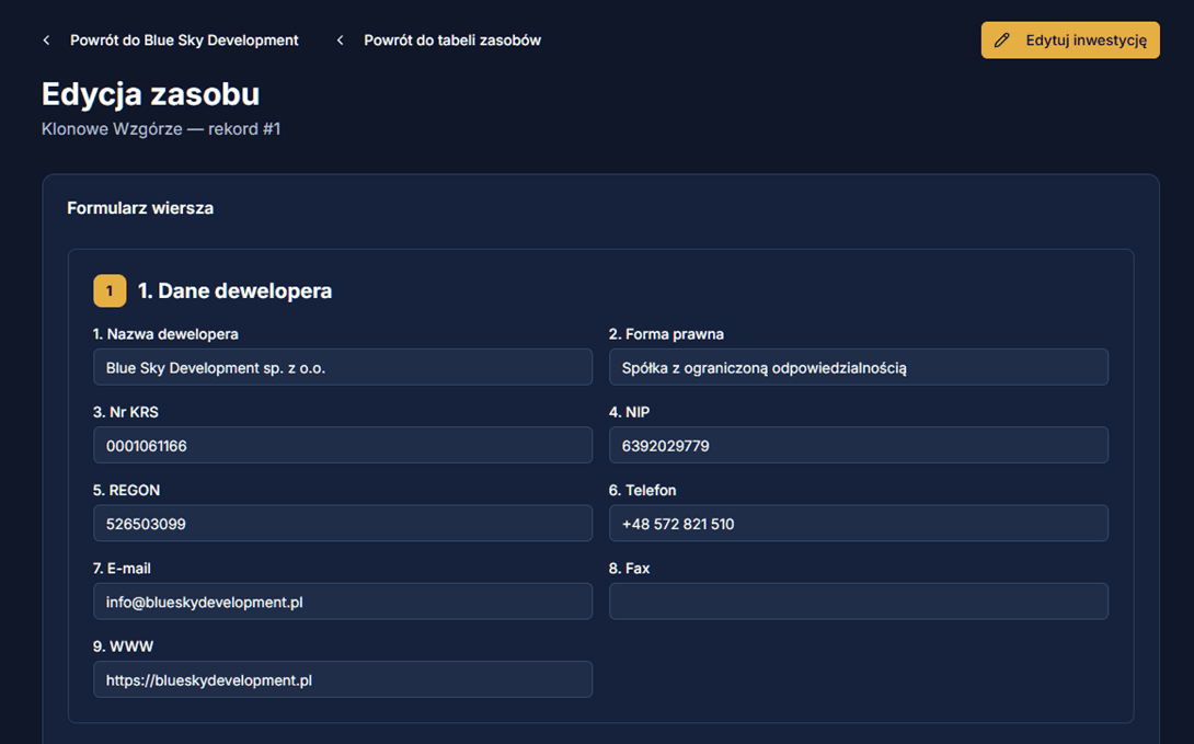 Formularz danych dewelopera