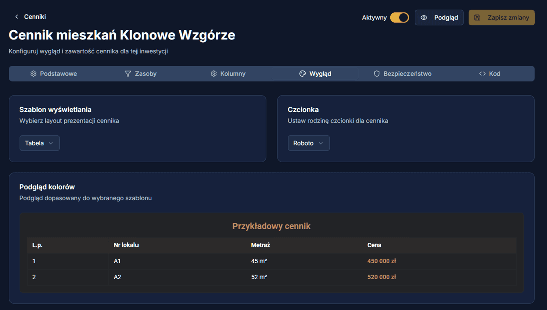 Konfigurator cennika mieszkań